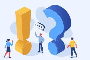 People Characters Standing near Exclamations and Question Marks. Woman and Man Ask Questions and receive Answers. Online Support center. Frequently Asked Questions Concept. Flat Vector Illustration.