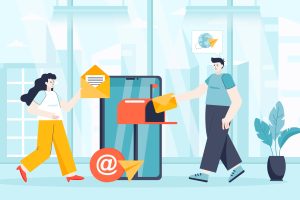 Mobile email service concept in flat design. Colleagues work at office scene. Man and woman sending newsletter, messaging, business marketing. Illustration of people characters for landing page