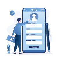 Online mobile registration, fill in personal data, complete profile data information, sign up. Male user or registrant tries to fill out registration form in smartphone app. flat vector illustration